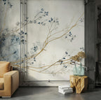 Autumn Branch Wallpaper : Gold and Blue Watercolor Mural