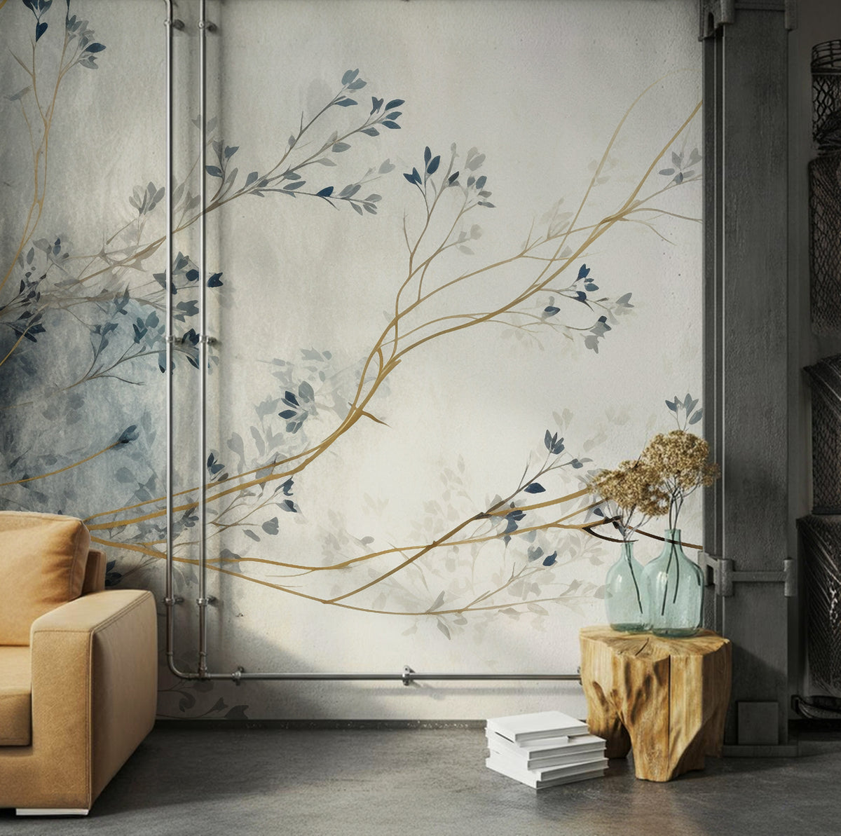 Autumn Branch Wallpaper : Gold and Blue Watercolor Mural
