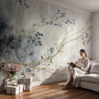 Autumn Branch Wallpaper : Gold and Blue Watercolor Mural - View 2