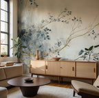 Autumn Branch Wallpaper : Gold and Blue Watercolor Mural - View 3
