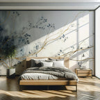 Autumn Branch Wallpaper : Gold and Blue Watercolor Mural - View 5