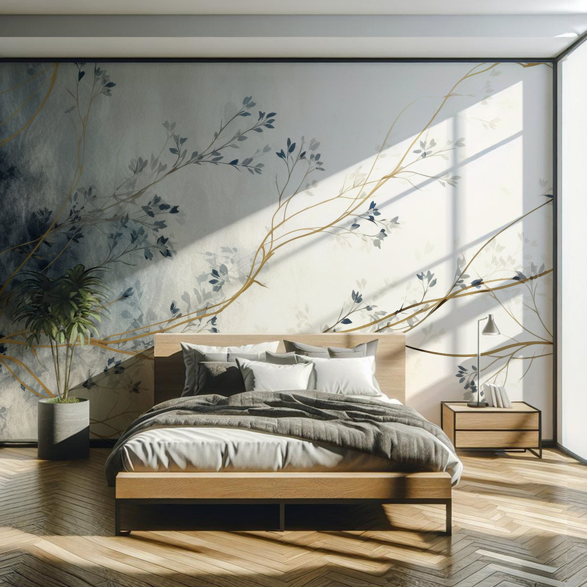 Autumn Branch Wallpaper : Gold and Blue Watercolor Mural - View 5
