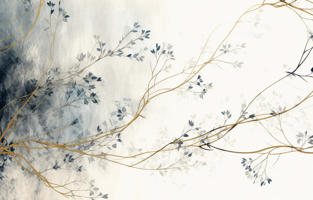 Autumn Branch Wallpaper : Gold and Blue Watercolor Mural - flat design