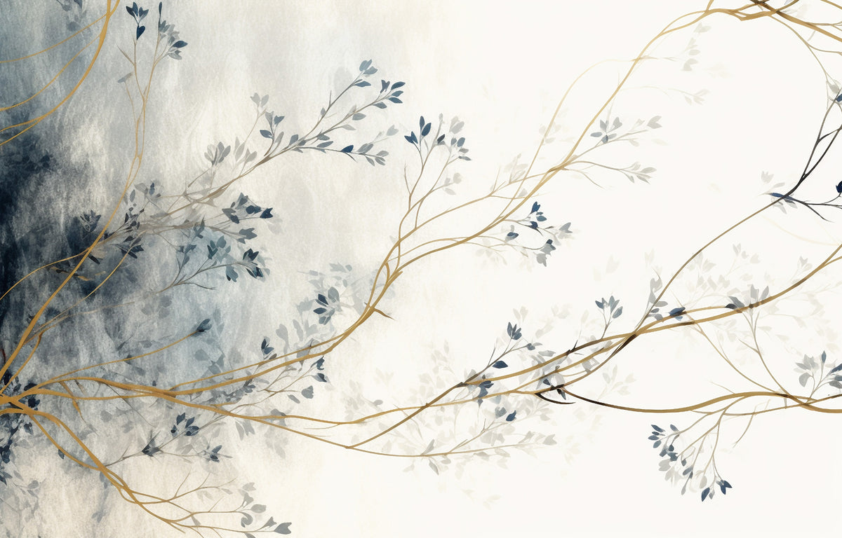 Autumn Branch Wallpaper : Gold and Blue Watercolor Mural - flat design