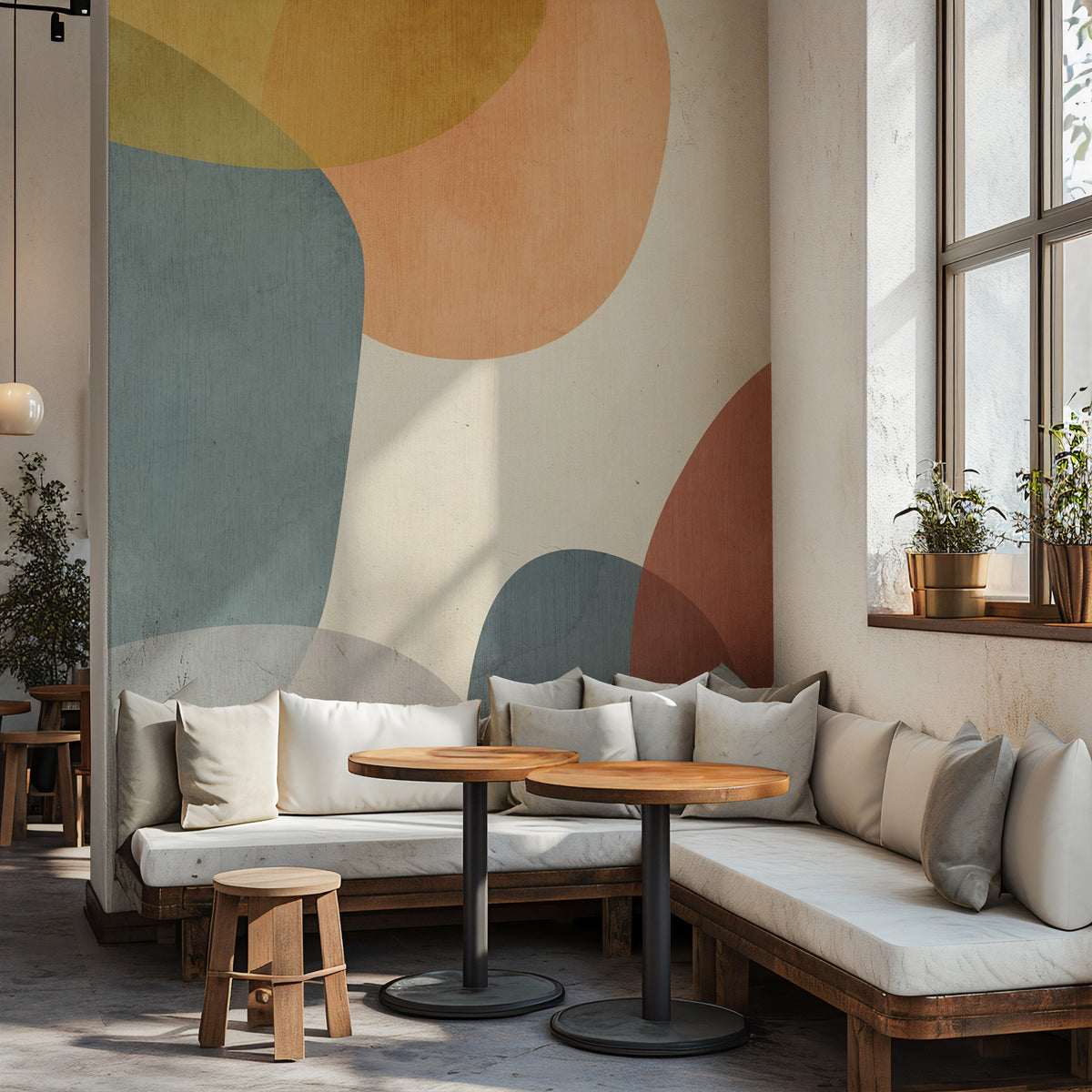 Abstract Shapes Wallpaper : Modern Teal and Terracotta Mural - View 3