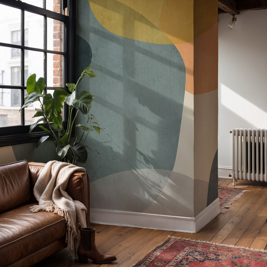 Abstract Shapes Wallpaper : Modern Teal and Terracotta Mural - View 4