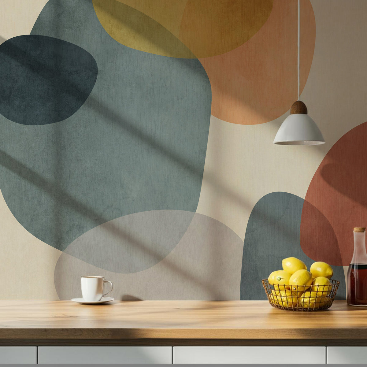 Abstract Shapes Wallpaper : Modern Teal and Terracotta Mural - View 2