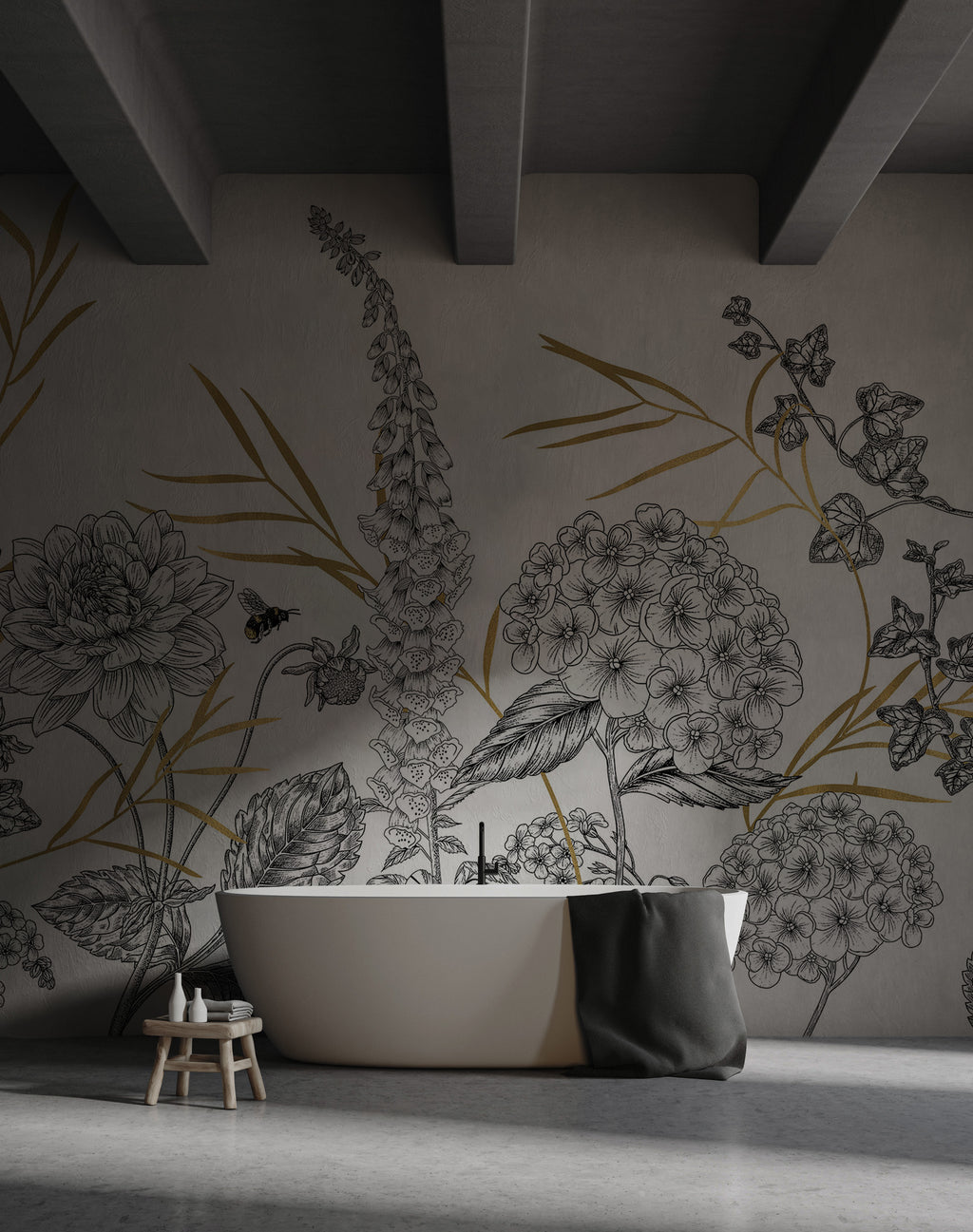 Gold and Black Botanical Wallpaper : Sketch Flower Border Mural - View 2