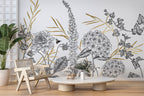 Gold and Black Botanical Wallpaper : Sketch Flower Border Mural - View 5