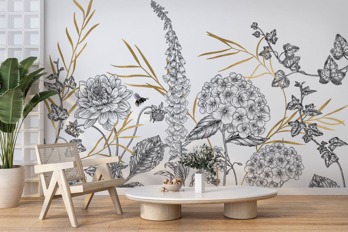 Gold and Black Botanical Wallpaper : Sketch Flower Border Mural - View 5