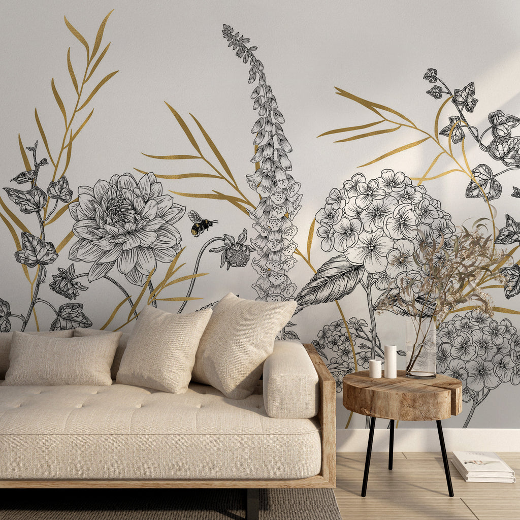 Gold and Black Botanical Wallpaper : Sketch Flower Border Mural - View 4
