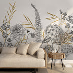 Gold and Black Botanical Wallpaper : Sketch Flower Border Mural - View 4