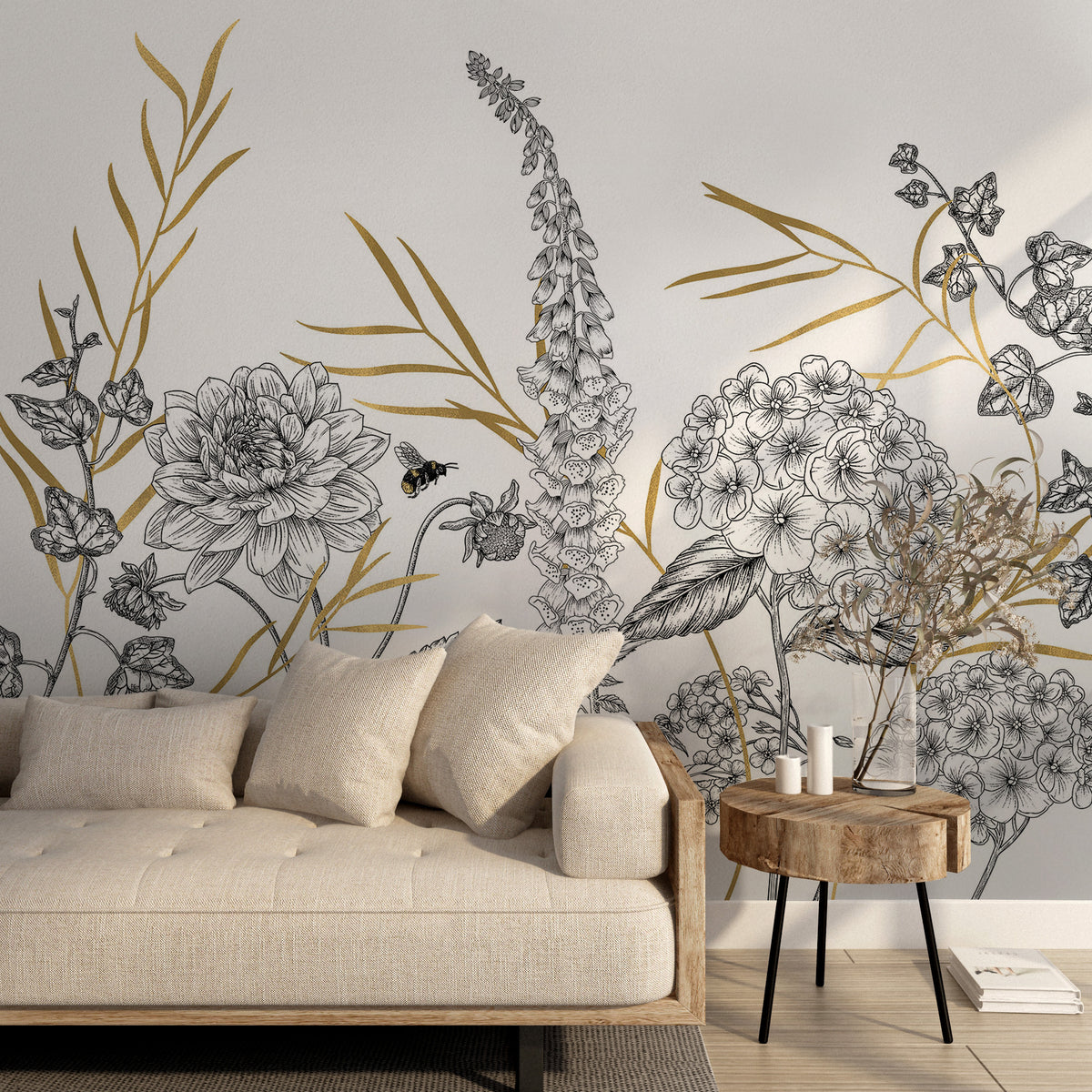 Gold and Black Botanical Wallpaper : Sketch Flower Border Mural - View 4