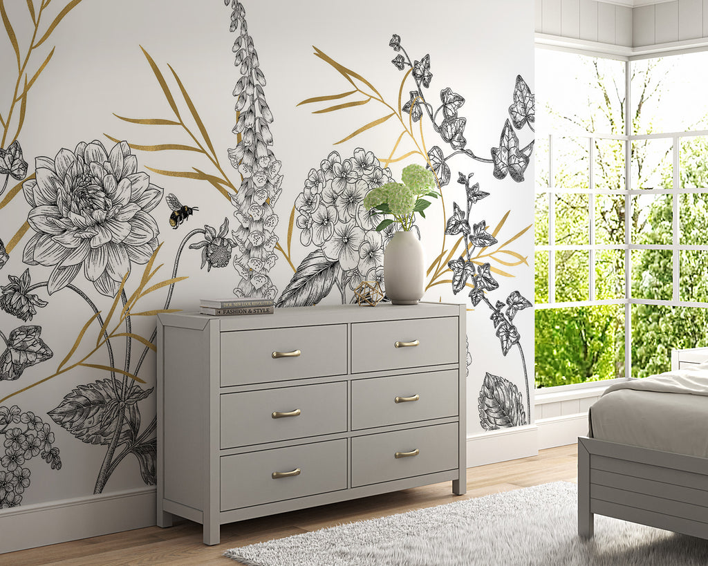 Gold and Black Botanical Wallpaper : Sketch Flower Border Mural - View 3