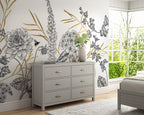 Gold and Black Botanical Wallpaper : Sketch Flower Border Mural - View 3