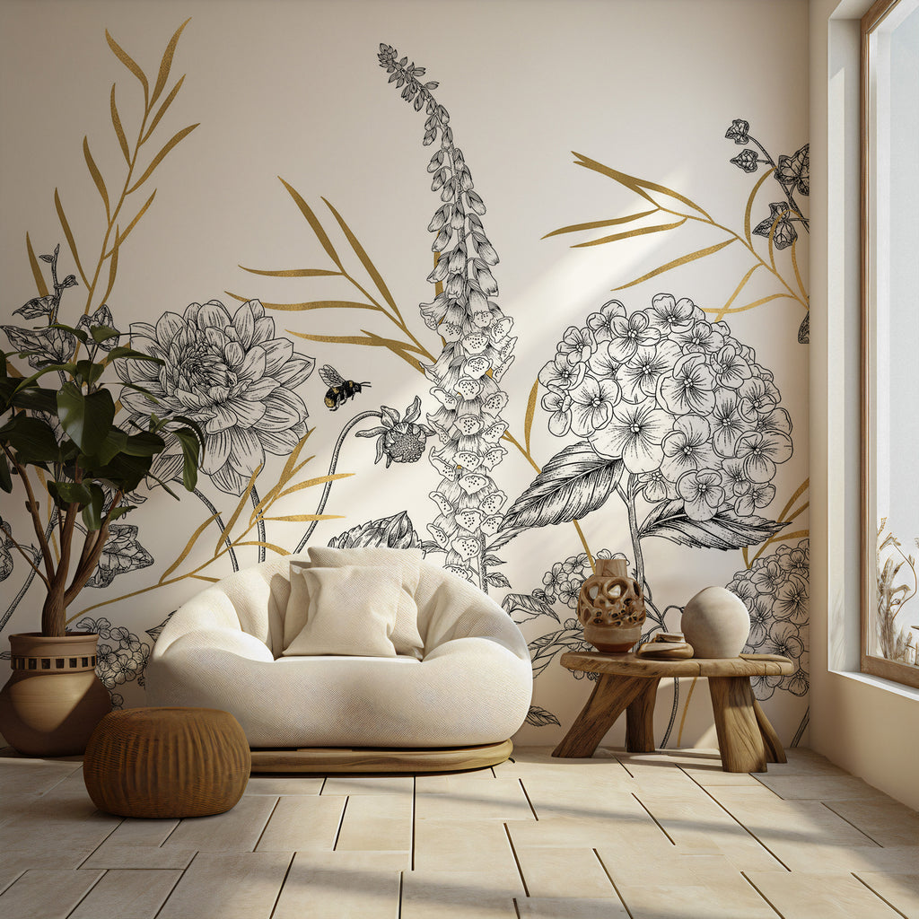 Gold and Black Botanical Wallpaper : Sketch Flower Border Mural
