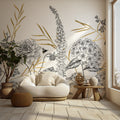 Gold and Black Botanical Wallpaper : Sketch Flower Border Mural