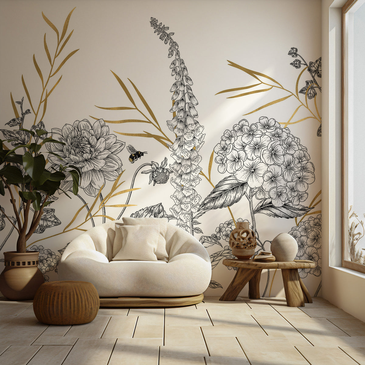 Gold and Black Botanical Wallpaper : Sketch Flower Border Mural