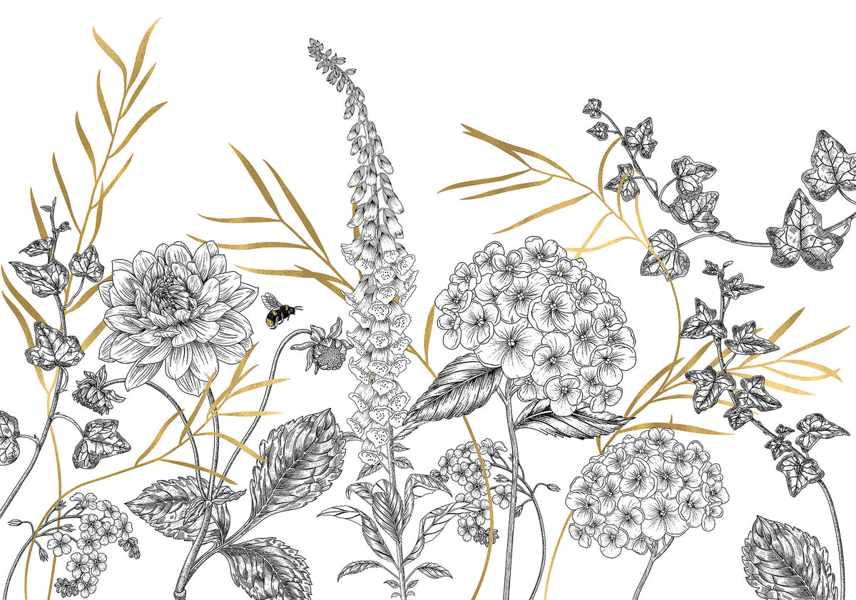 Gold and Black Botanical Wallpaper : Sketch Flower Border Mural - flat design