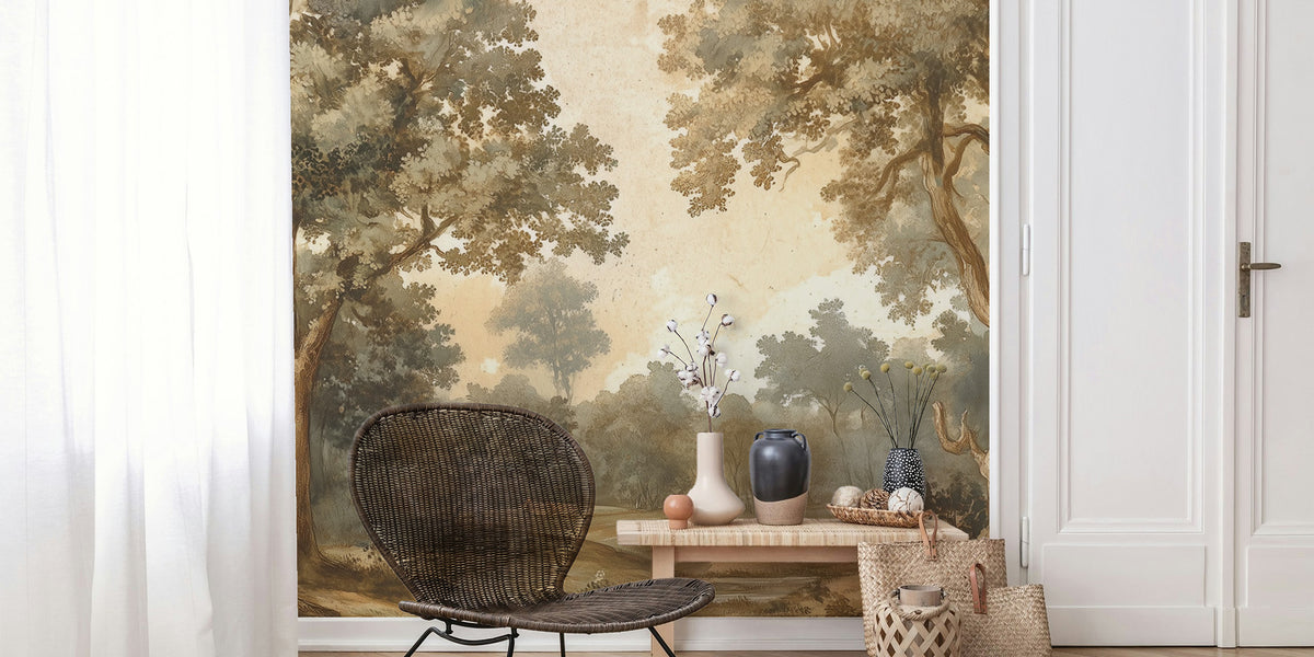 Vintage Forest Landscape Wallpaper : Sepia Woodland Painting Mural - View 5