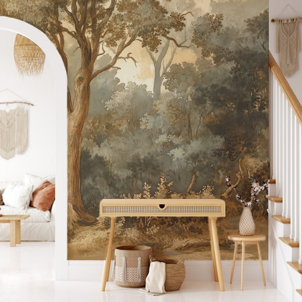 Vintage Forest Landscape Wallpaper : Sepia Woodland Painting Mural - View 3