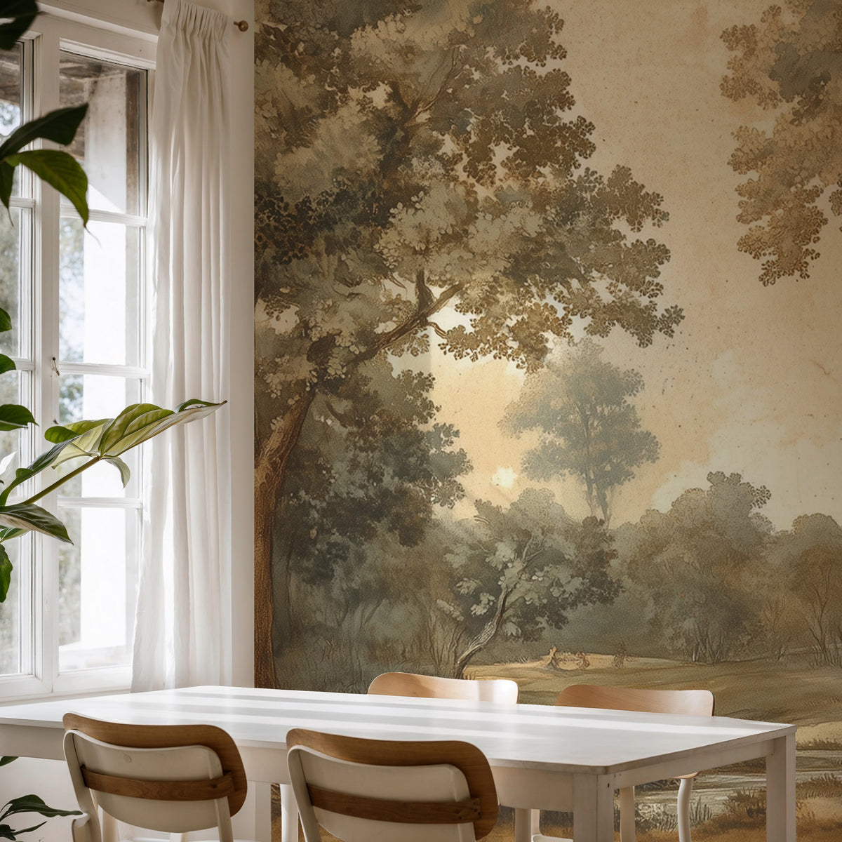 Vintage Forest Landscape Wallpaper : Sepia Woodland Painting Mural - View 4