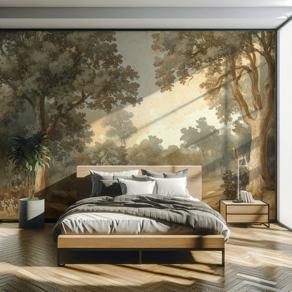 Vintage Forest Landscape Wallpaper : Sepia Woodland Painting Mural