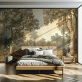 Vintage Forest Landscape Wallpaper : Sepia Woodland Painting Mural