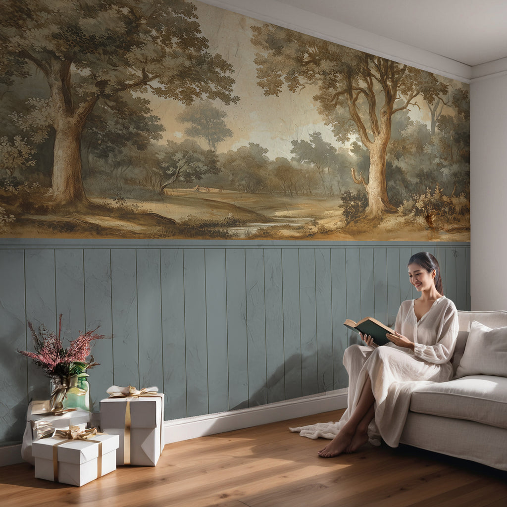 Vintage Forest Landscape Wallpaper : Sepia Woodland Painting Mural - View 2