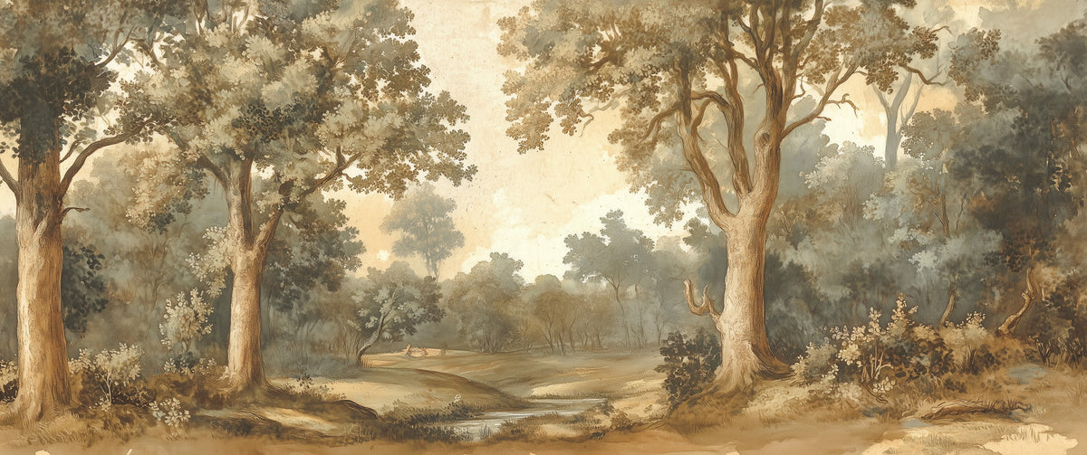 Vintage Forest Landscape Wallpaper : Sepia Woodland Painting Mural - flat design