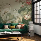 Lotus Stork Wallpaper : Chinoiserie Herons and Lotus Pond Mural - View 3