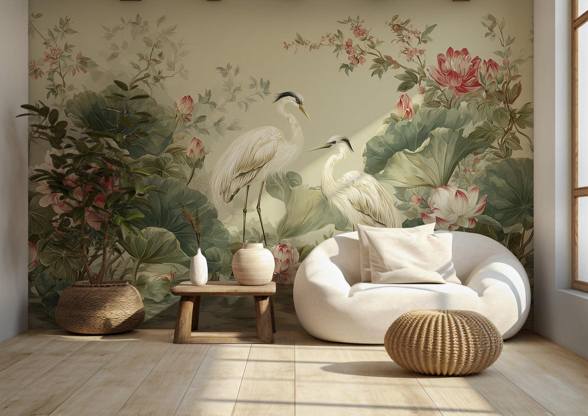 Lotus Stork Wallpaper : Chinoiserie Herons and Lotus Pond Mural - View 4