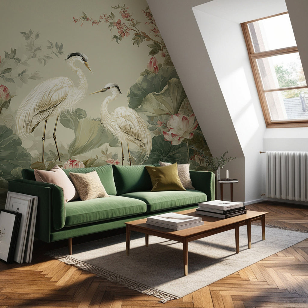 Lotus Stork Wallpaper : Chinoiserie Herons and Lotus Pond Mural