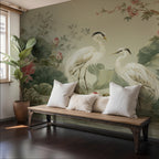 Lotus Stork Wallpaper : Chinoiserie Herons and Lotus Pond Mural - View 5