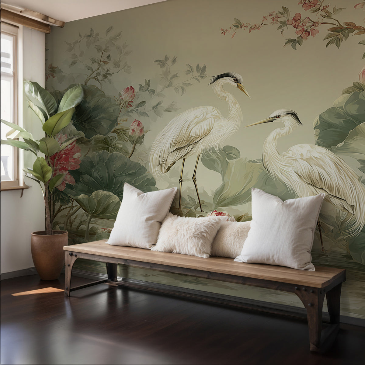 Lotus Stork Wallpaper : Chinoiserie Herons and Lotus Pond Mural - View 5