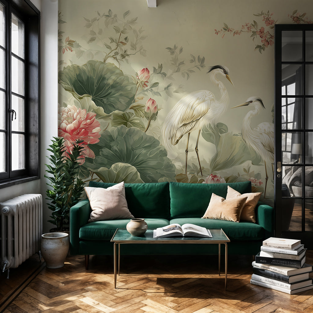 Lotus Stork Wallpaper : Chinoiserie Herons and Lotus Pond Mural - View 2