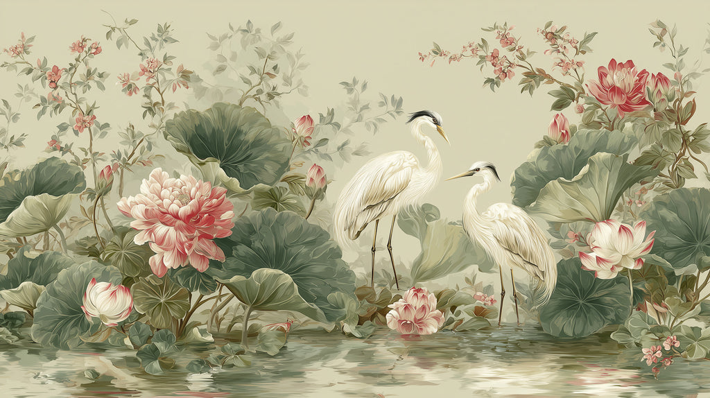 Lotus Stork Wallpaper : Chinoiserie Herons and Lotus Pond Mural - flat design
