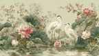 Lotus Stork Wallpaper : Chinoiserie Herons and Lotus Pond Mural - flat design