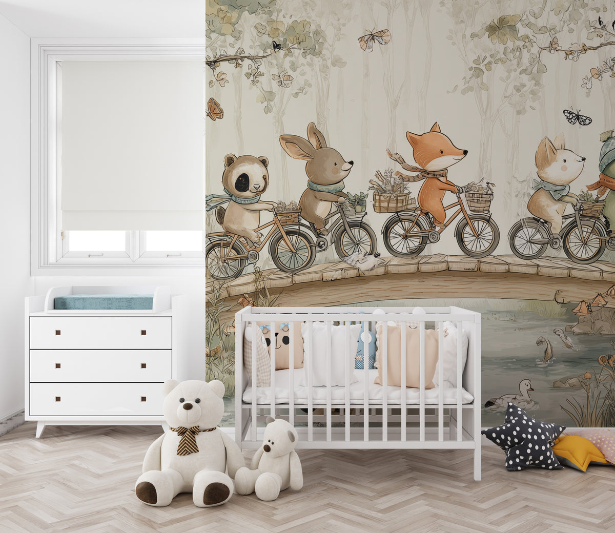 Bicycle Animals Wallpaper : Woodland Picnic Kids Mural - View 3