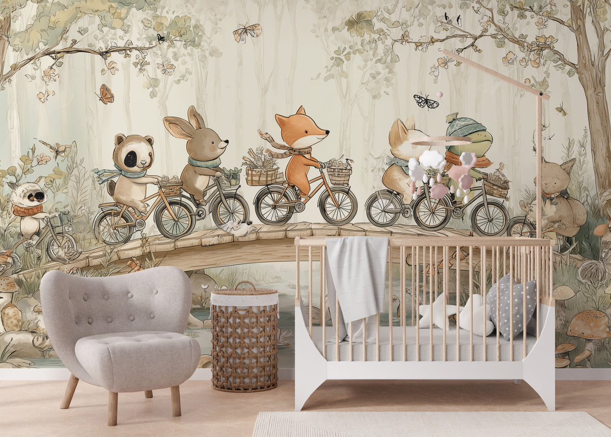 Bicycle Animals Wallpaper : Woodland Picnic Kids Mural - View 4