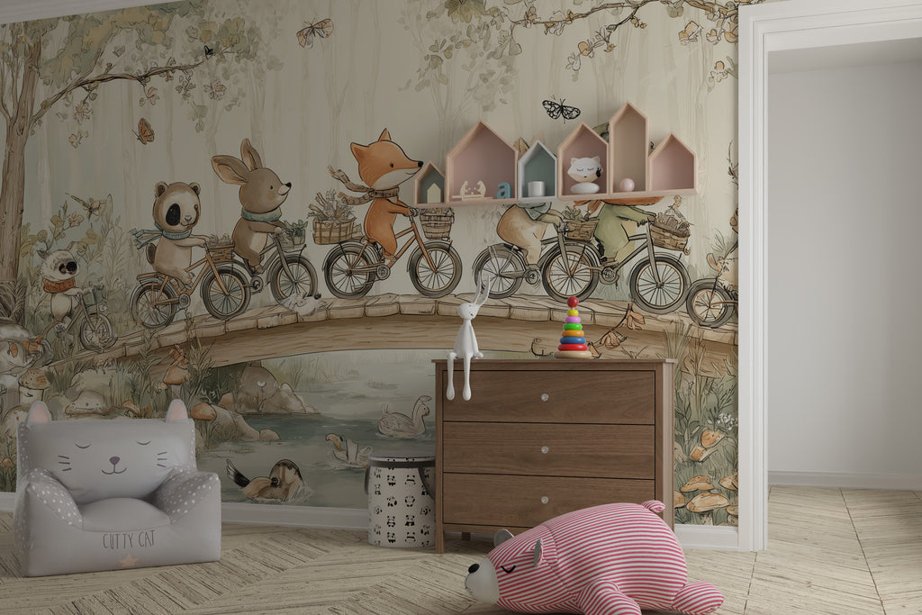 Bicycle Animals Wallpaper : Woodland Picnic Kids Mural - View 5