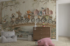 Bicycle Animals Wallpaper : Woodland Picnic Kids Mural - View 5