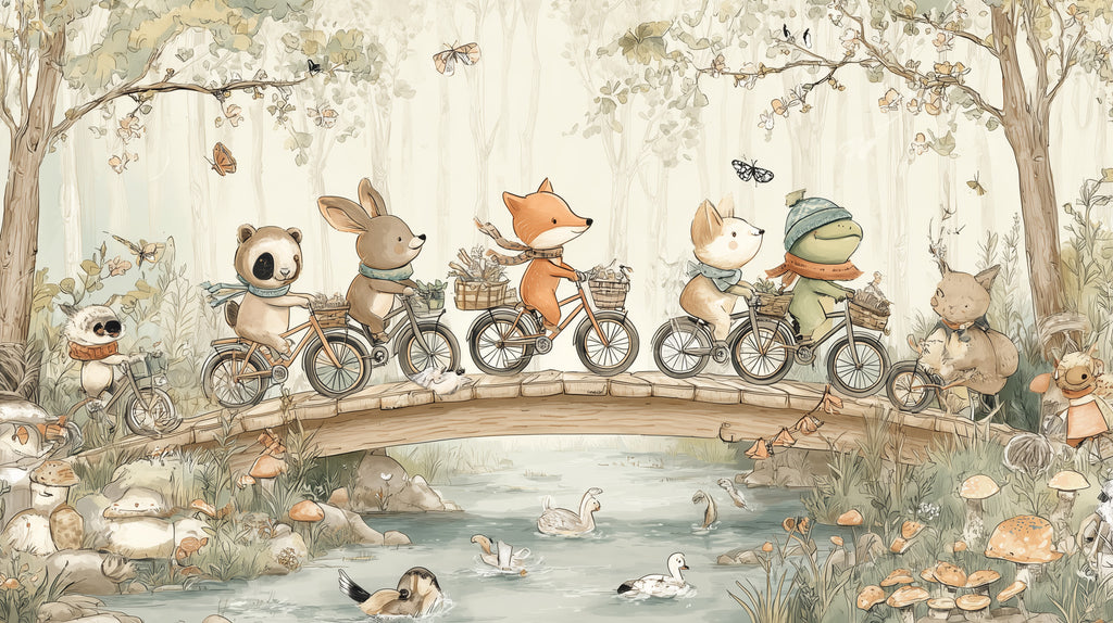 Bicycle Animals Wallpaper : Woodland Picnic Kids Mural - flat design