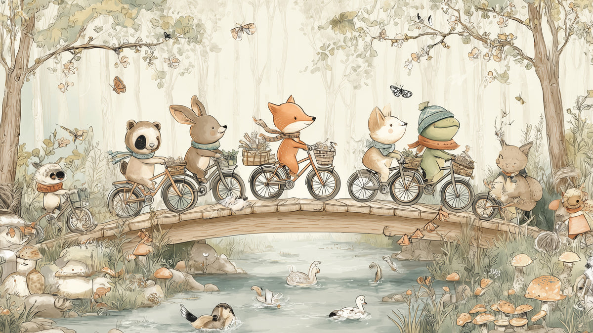 Bicycle Animals Wallpaper : Woodland Picnic Kids Mural - flat design