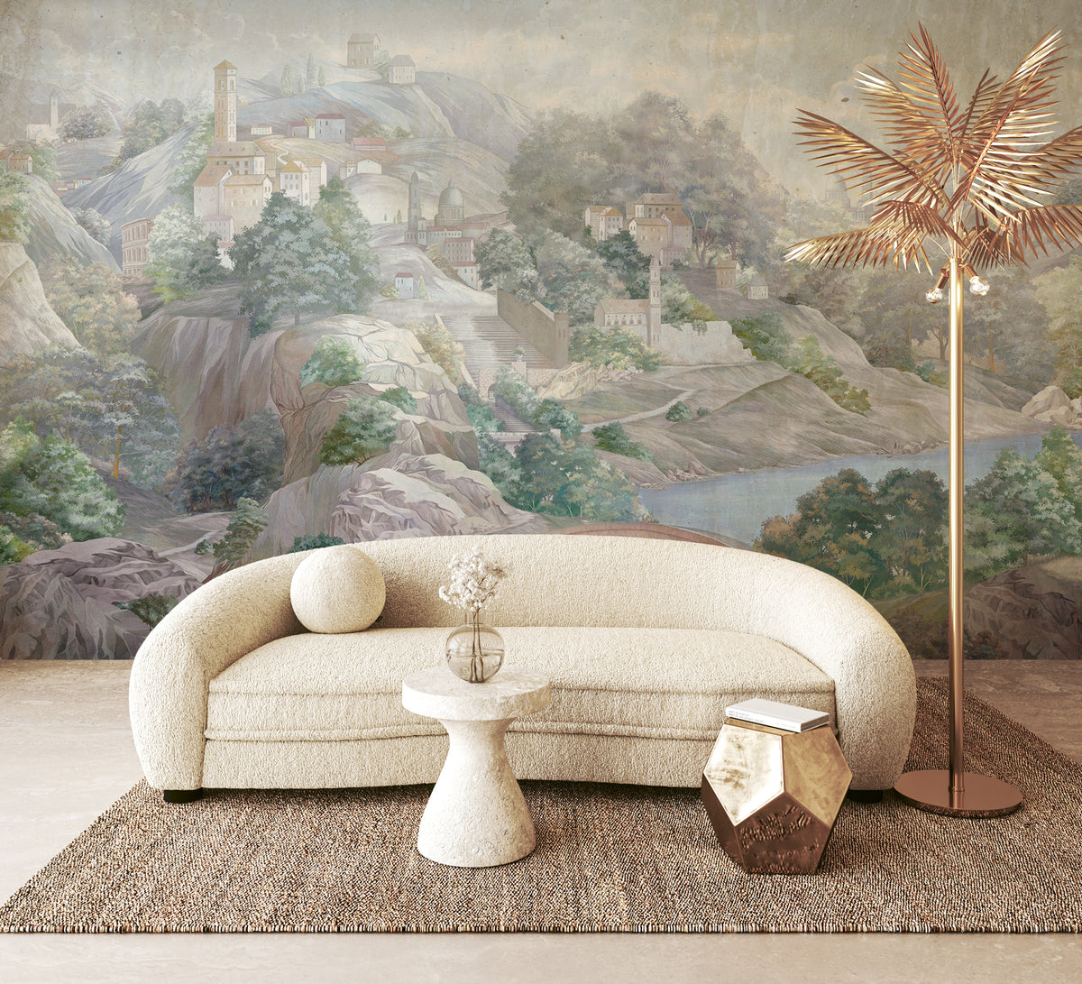Pastel Village Wallpaper : Bridge and Hillside Houses Mural - View 4
