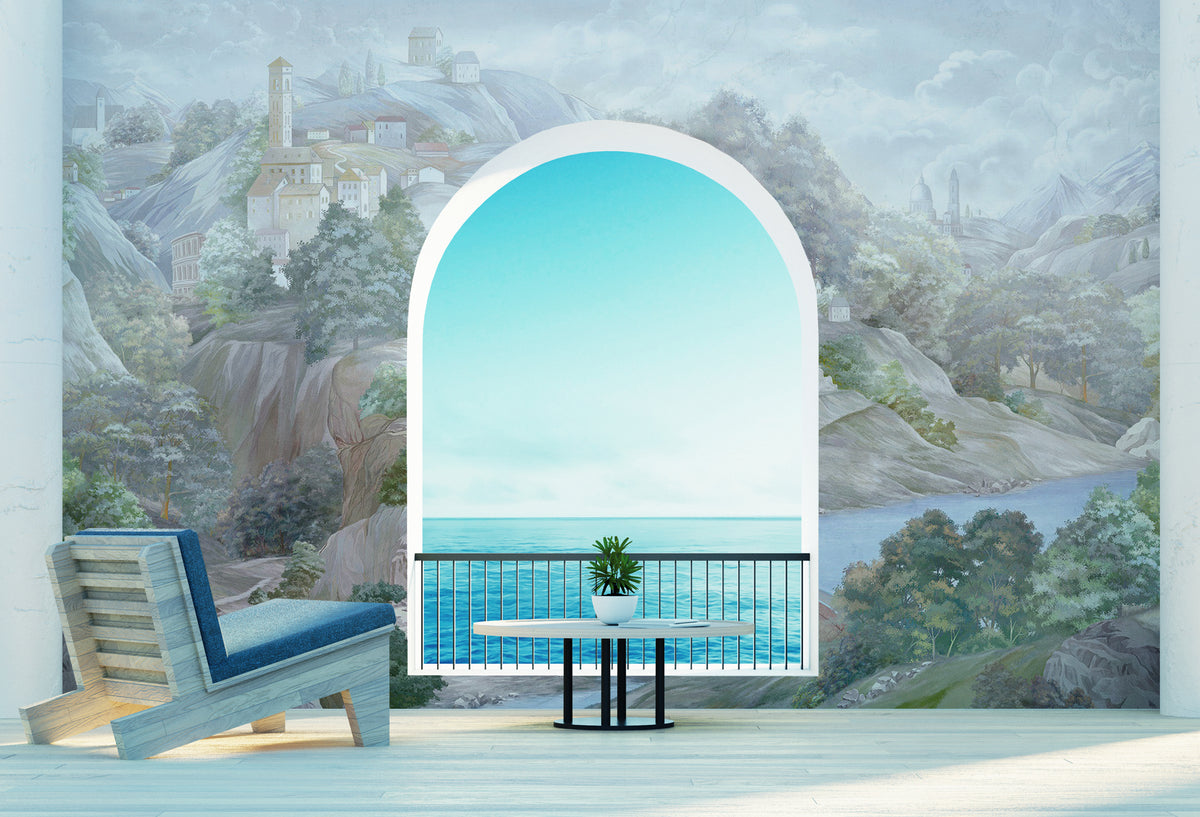 Pastel Village Wallpaper : Bridge and Hillside Houses Mural - View 5