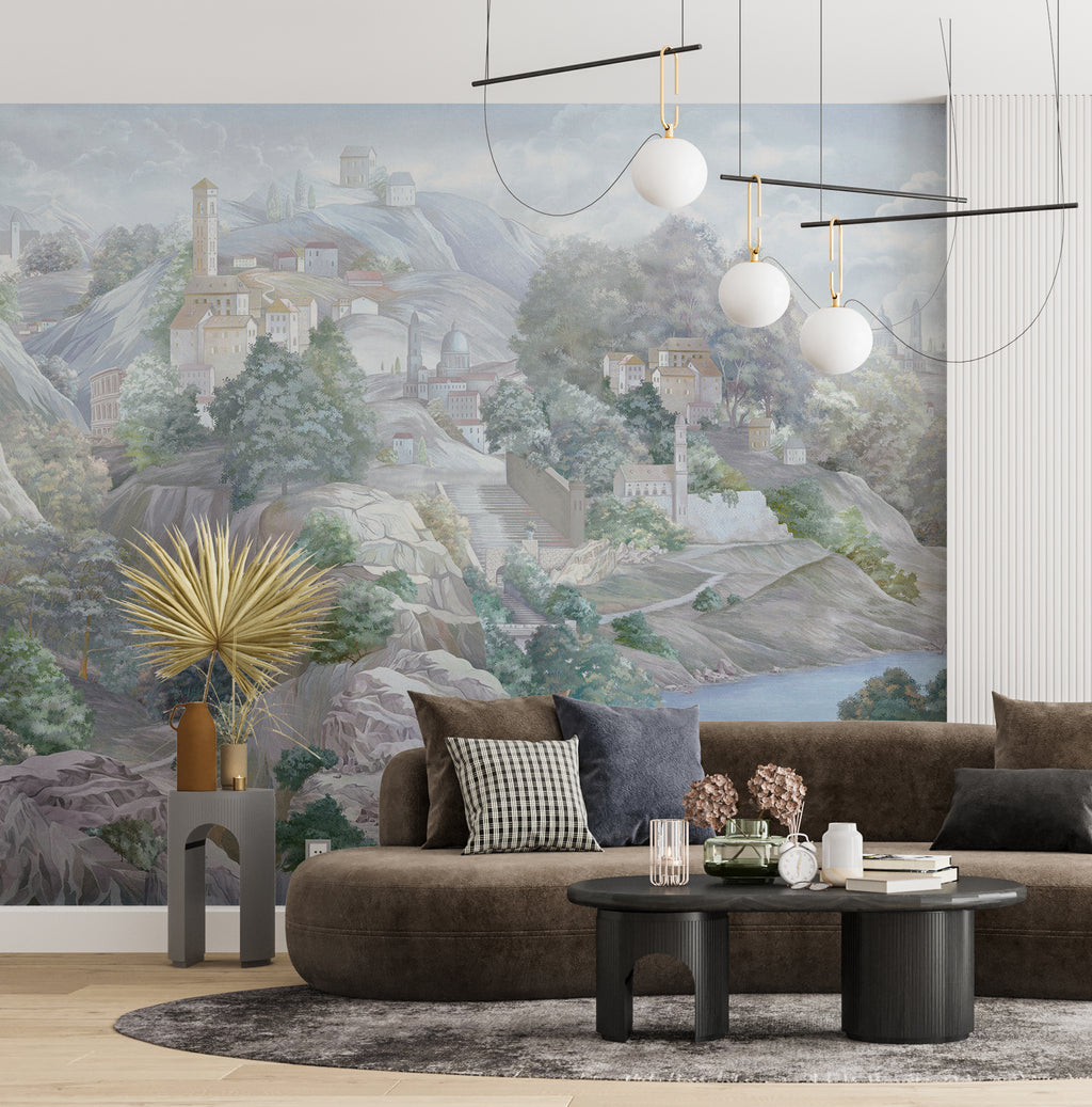Pastel Village Wallpaper : Bridge and Hillside Houses Mural - View 2