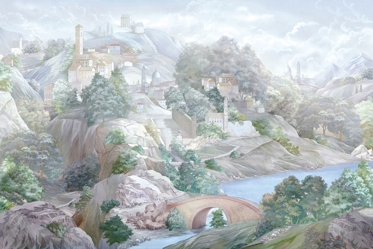 Pastel Village Wallpaper : Bridge and Hillside Houses Mural - flat design