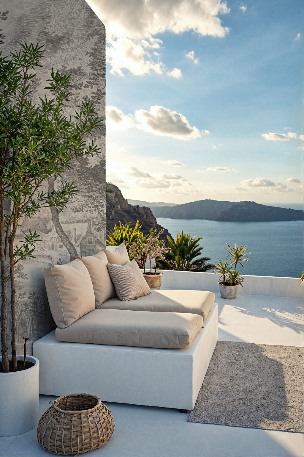 Black and White Landscape Wallpaper : Engraved Village Scenery Mural - View 2