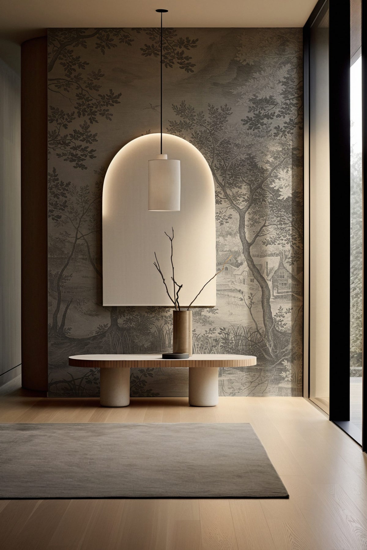 Black and White Landscape Wallpaper : Engraved Village Scenery Mural - View 4